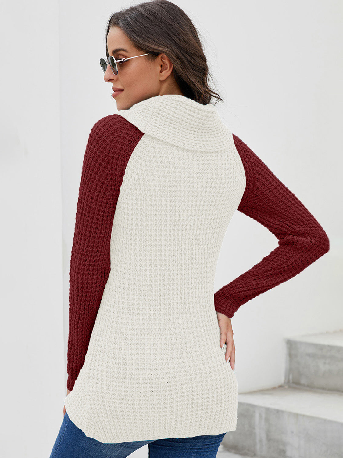 Asymmetrical Contrast Turtleneck Sweater