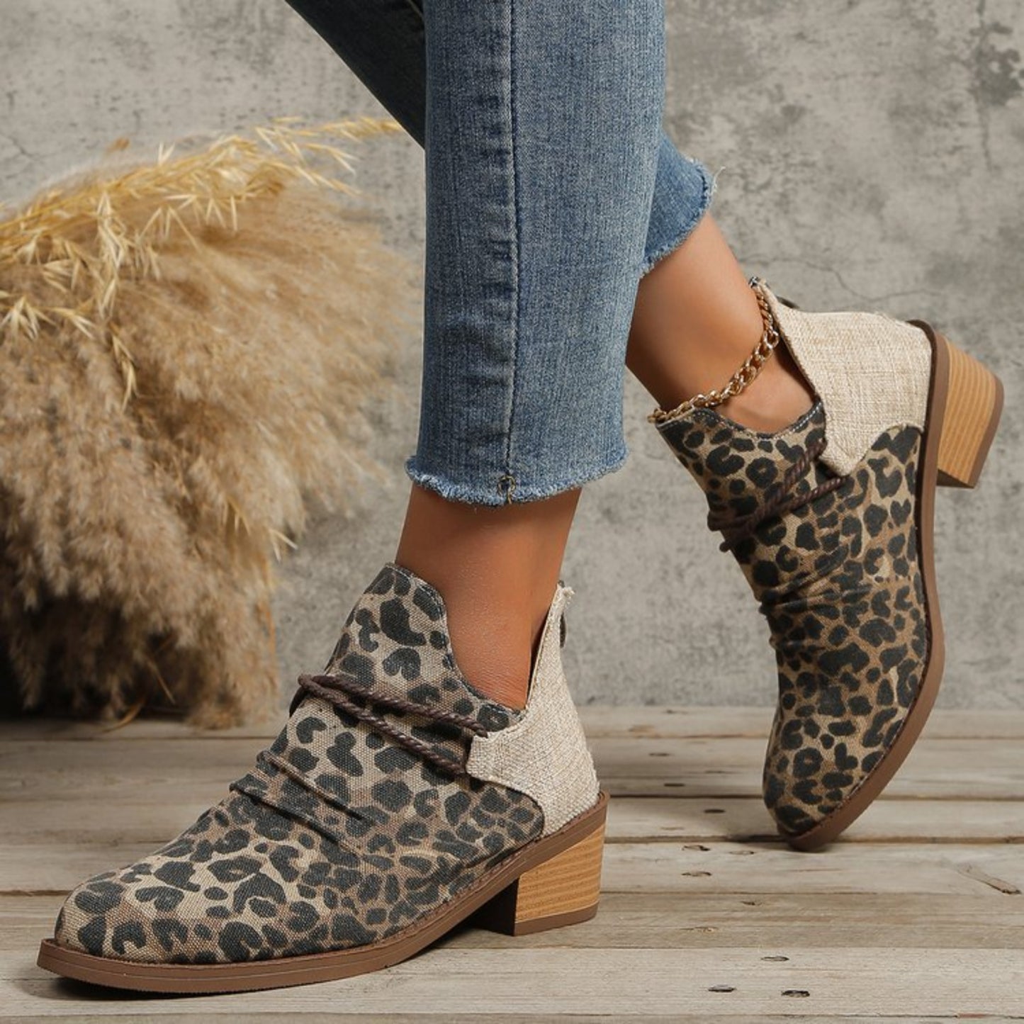 Boots - Low Heel Contrast Leopard Print