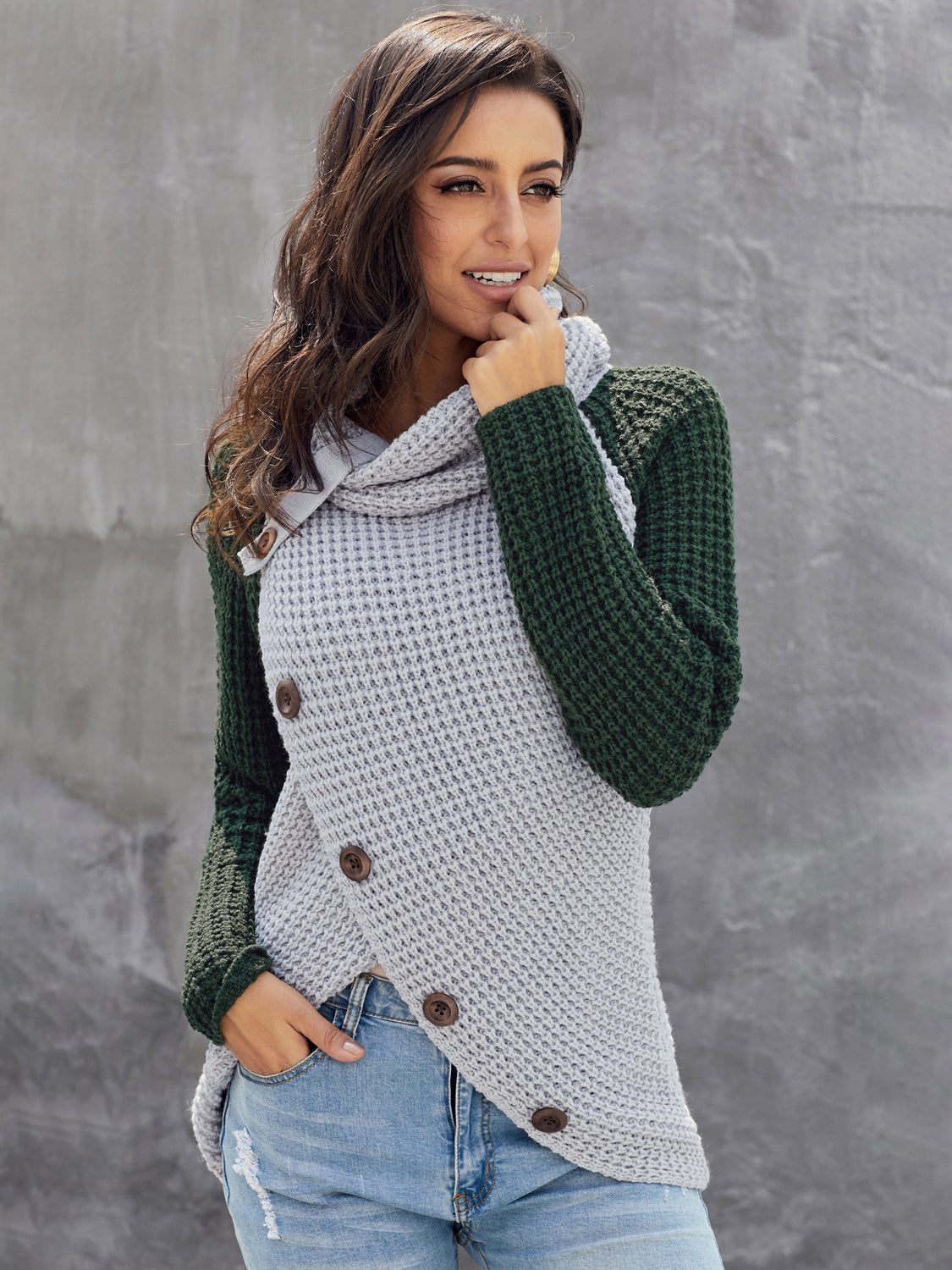 Asymmetrical Contrast Turtleneck Sweater