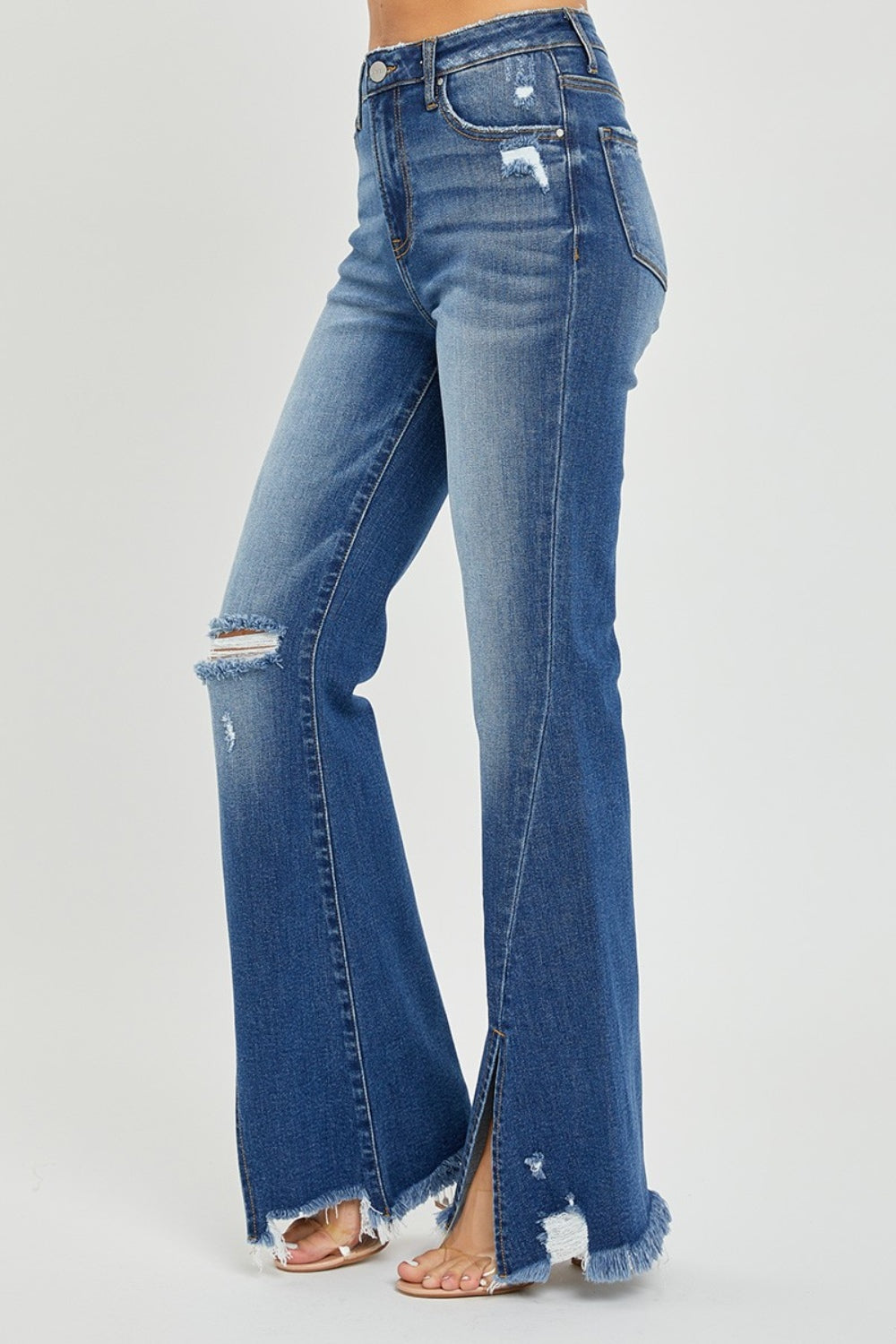 High Rise Front Slit Frayed Flare Hem Jeans