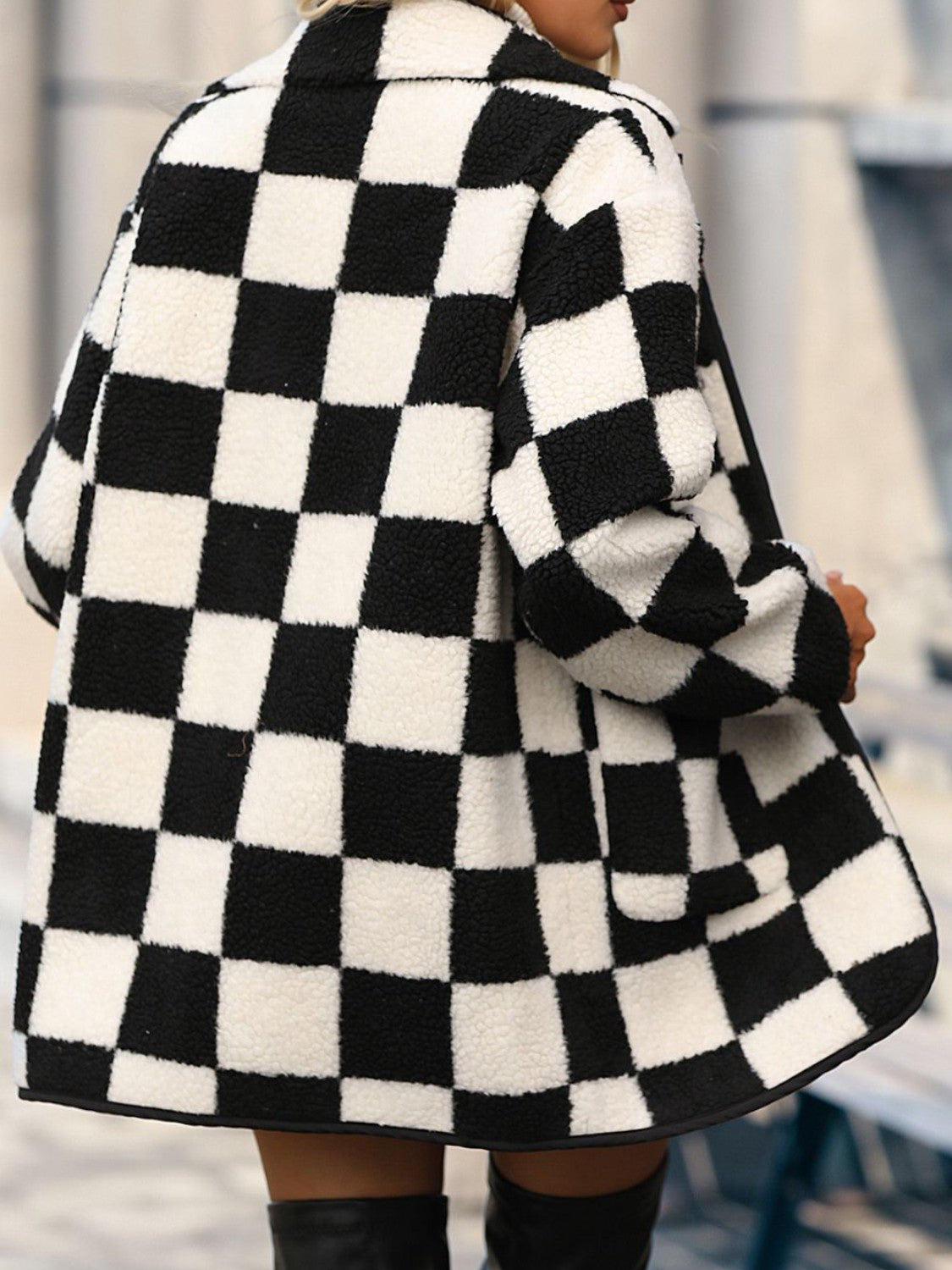 Fuzzy Full Size Checkered Coat w/Pockets