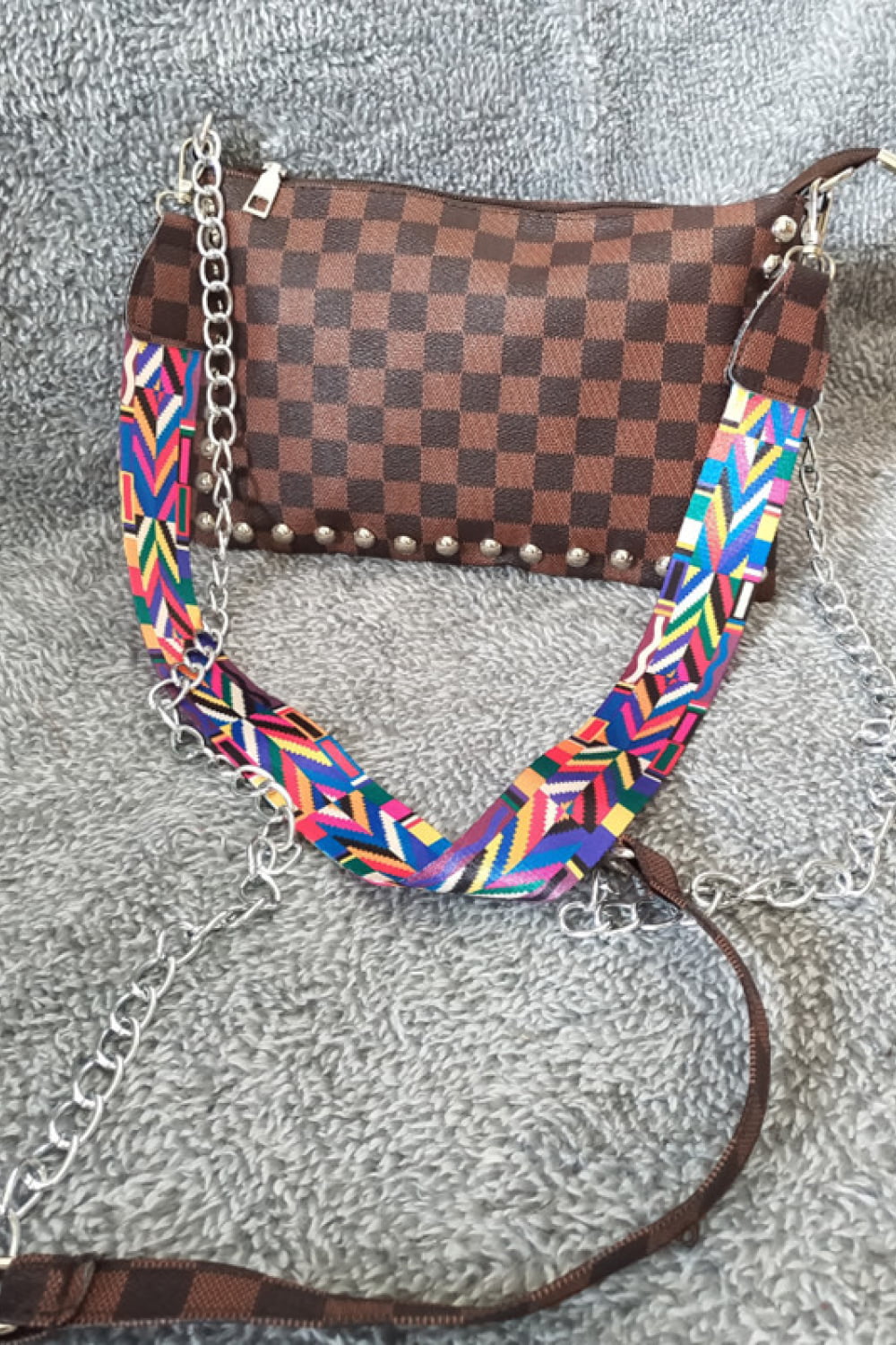 Studded Checkerboard Shoulder Bag