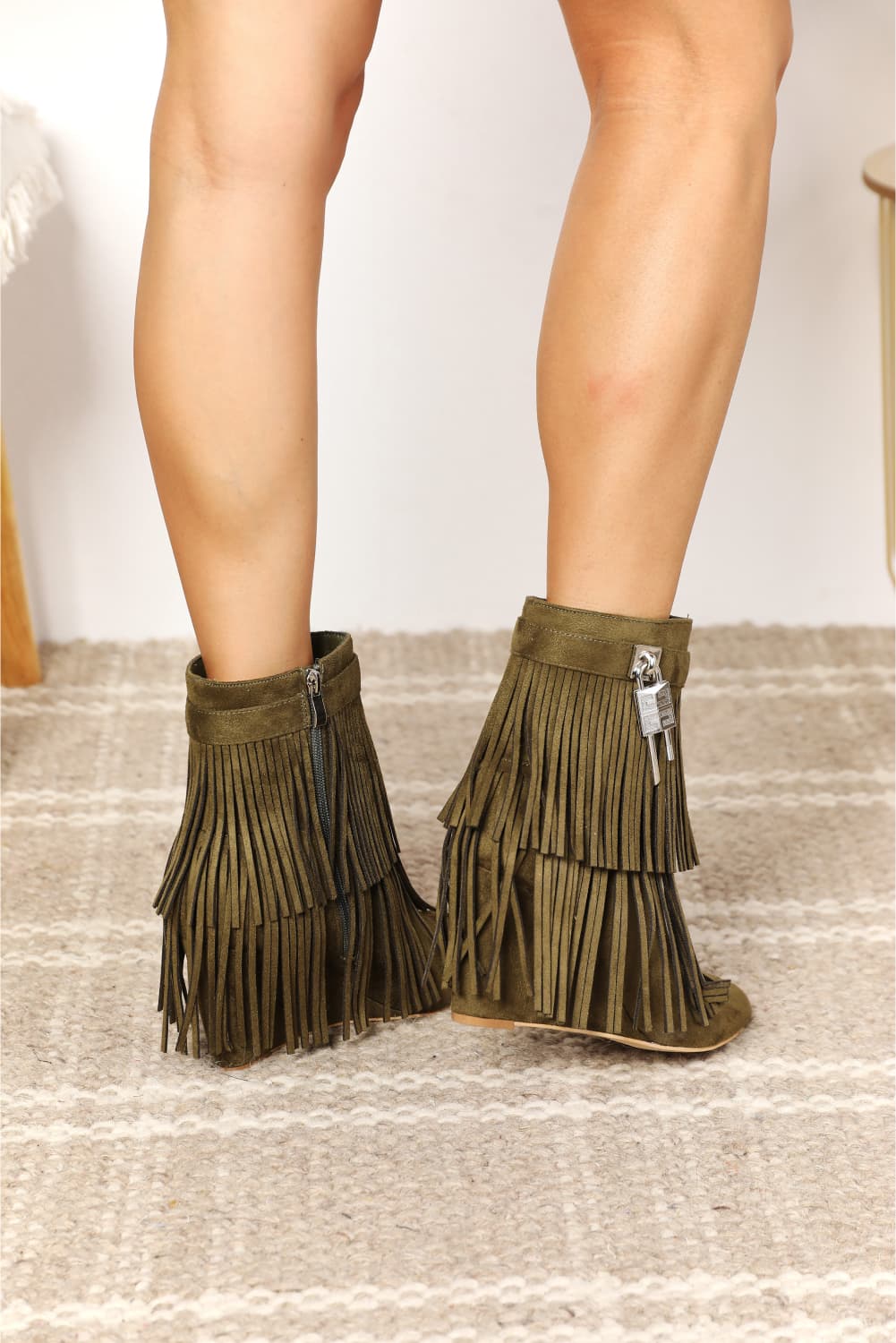 Ankle Booties - Leather Fringe Tassel Wedge Heel