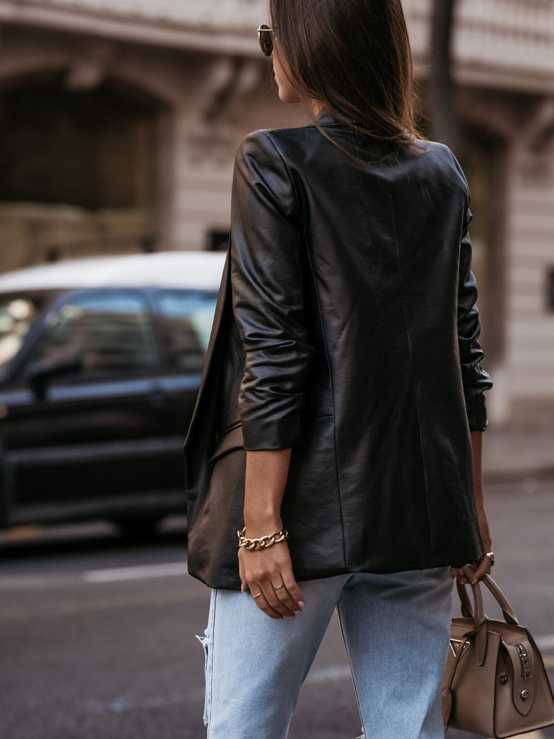 Vegan Leather Open Front Blazer