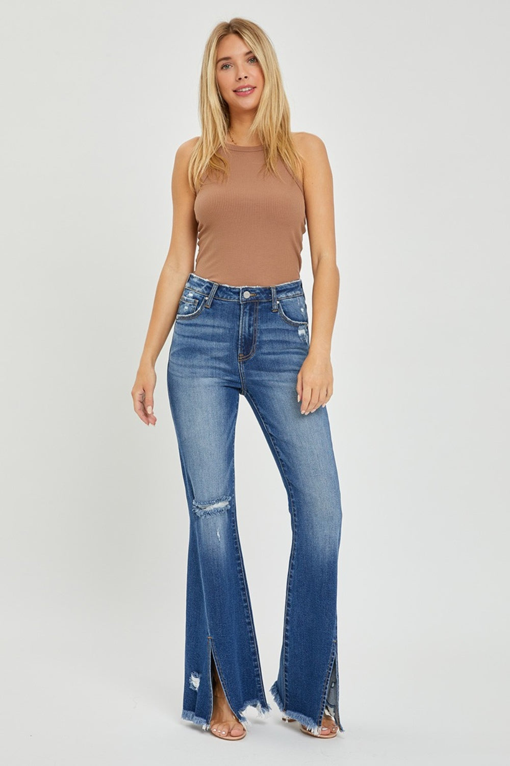 High Rise Front Slit Frayed Flare Hem Jeans