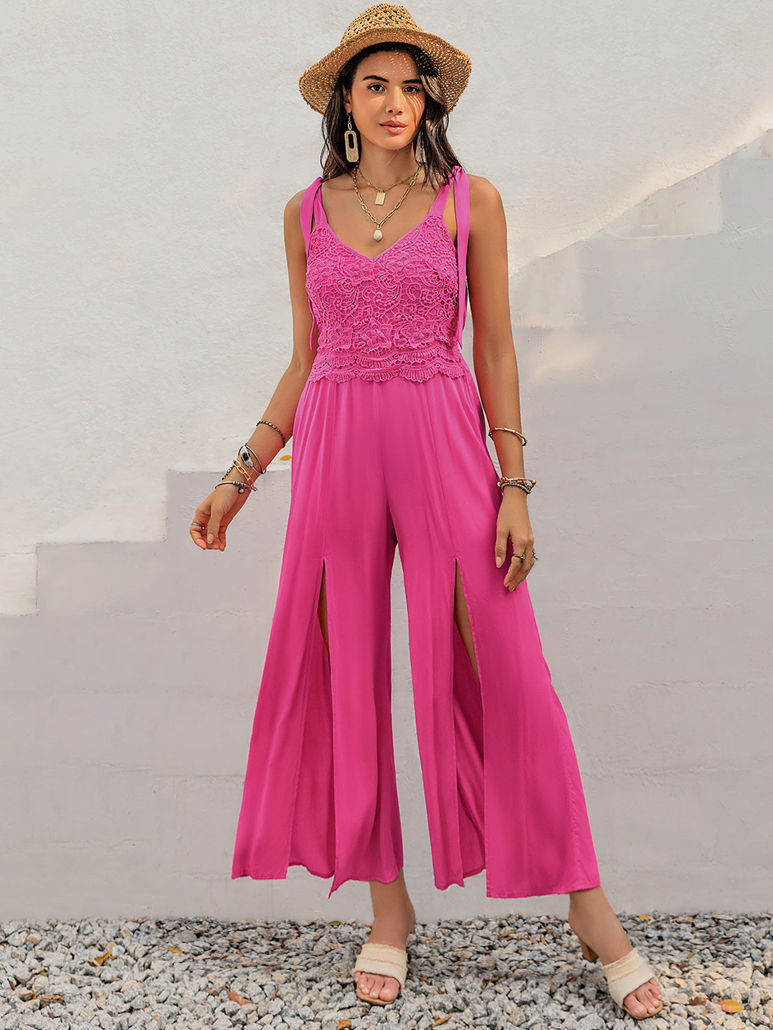 V-Neck Wide Strap Slit Jumpsuit