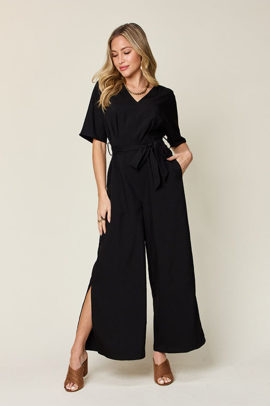 Full Size V-Neck Tied Side Slit Jumpsuit