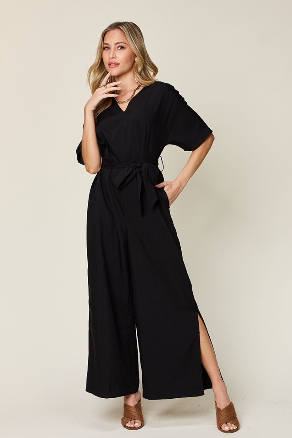 Full Size V-Neck Tied Side Slit Jumpsuit