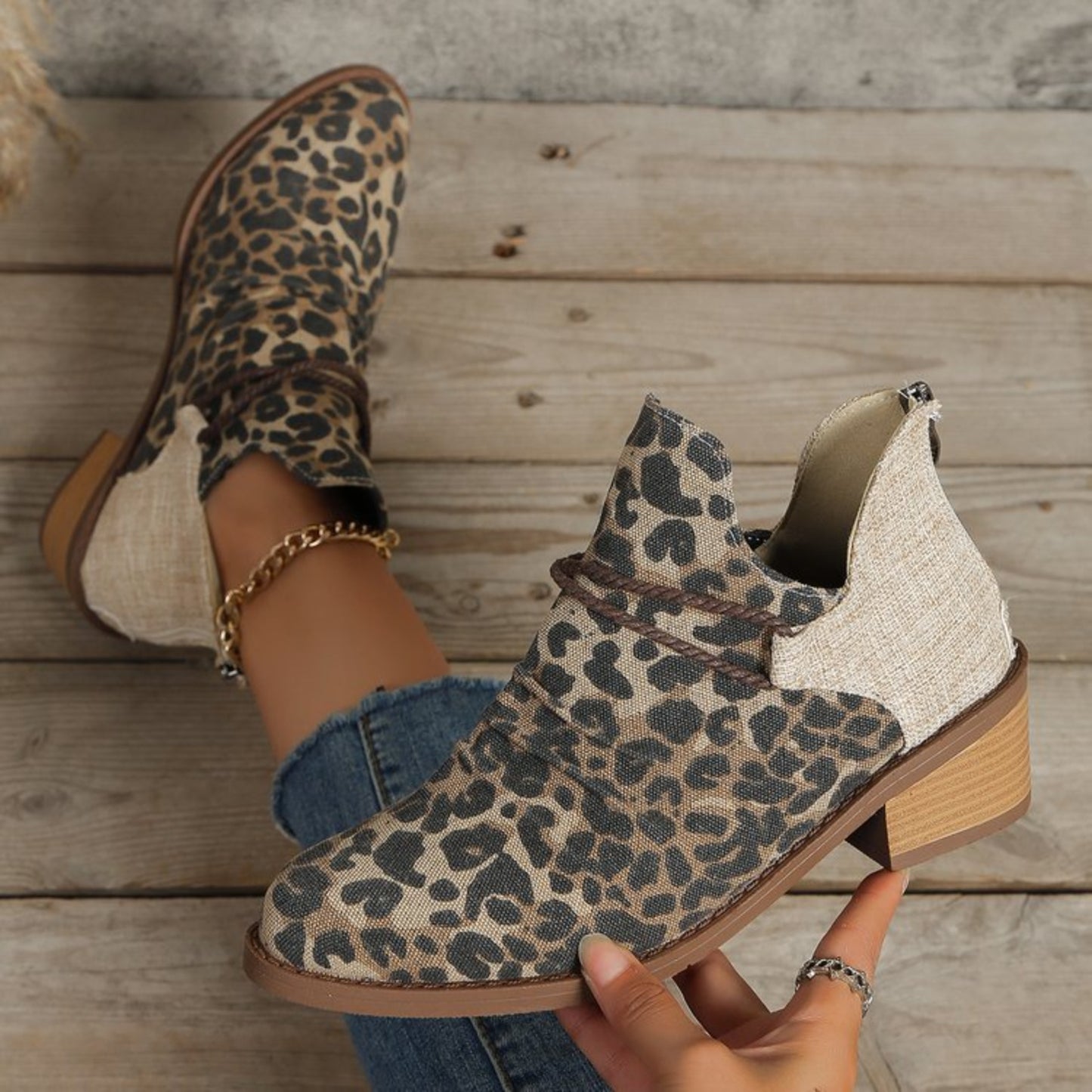 Boots - Low Heel Contrast Leopard Print