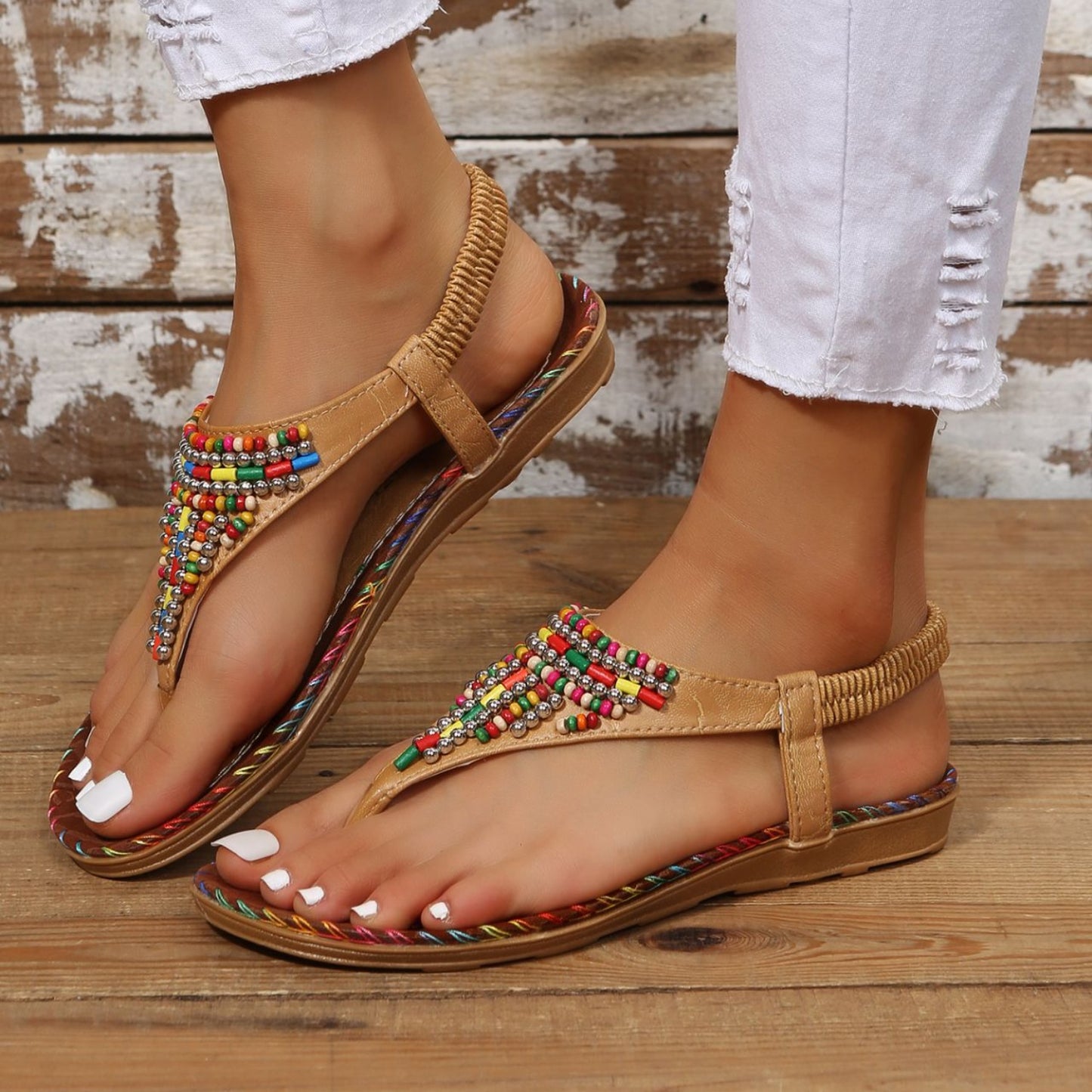 Sandals - Beaded Leather Open Toe