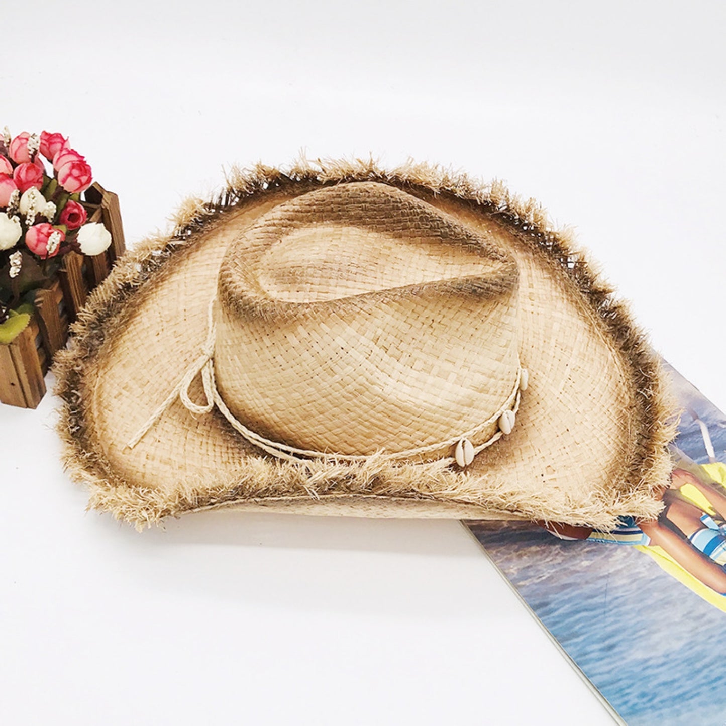 Cowboy Hat - Raw Hem Wide Brim Raffia