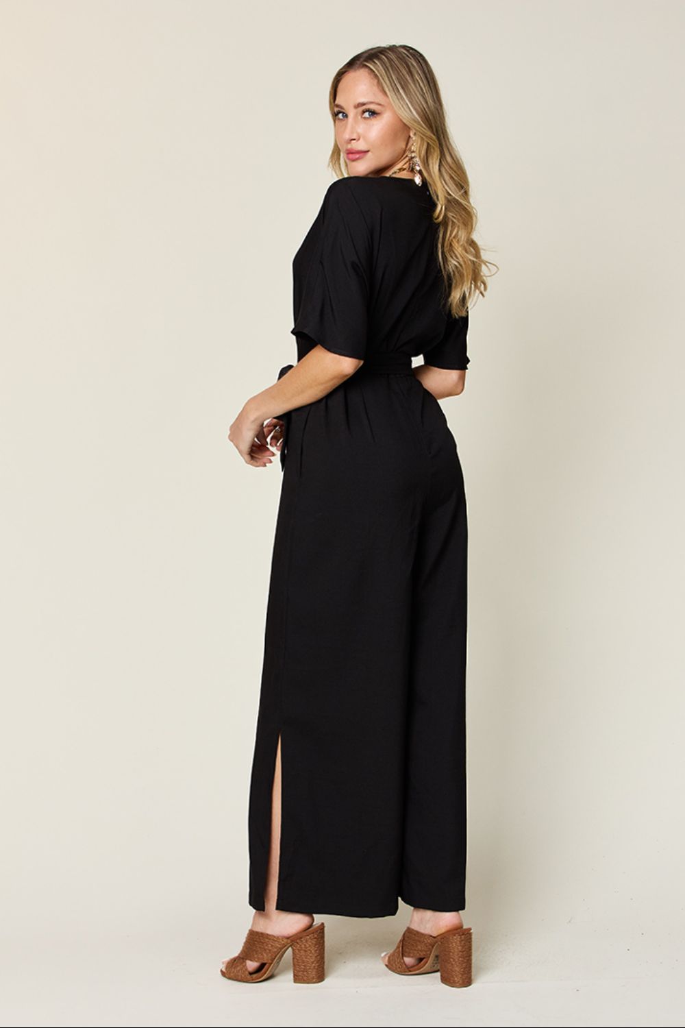 Full Size V-Neck Tied Side Slit Jumpsuit