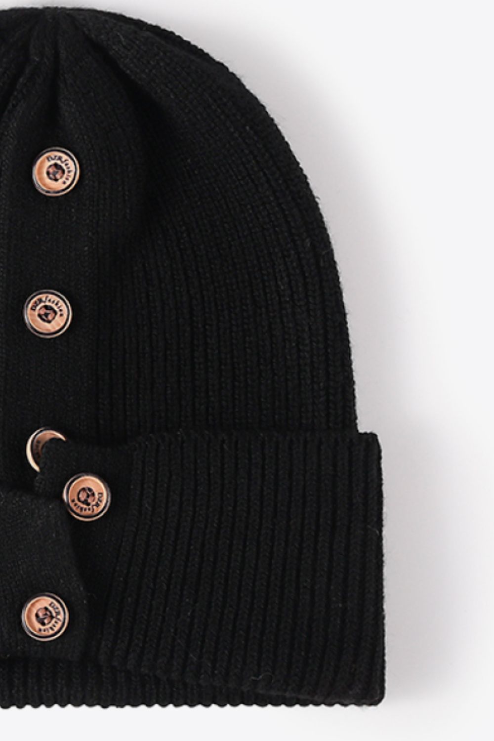 Beanie - Button Detail Rib-Knit Cuff