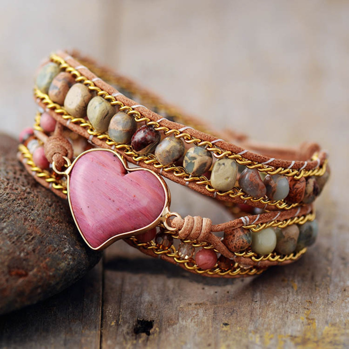 Bracelet - Beaded Crystal Natural Heart Stone