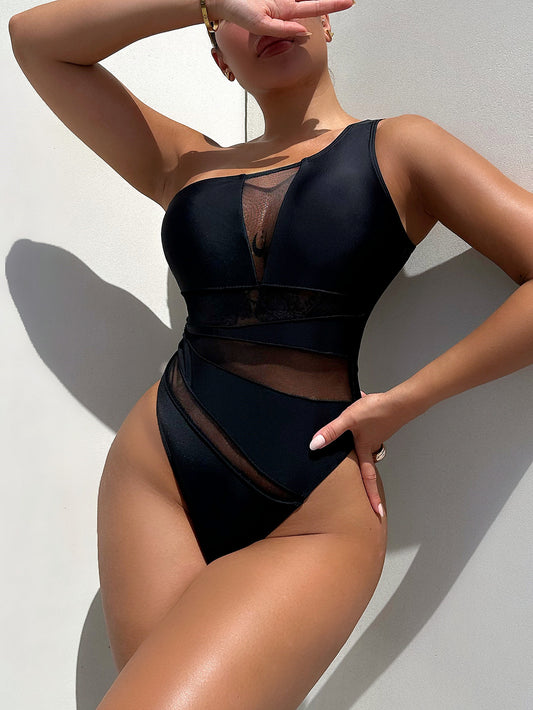 One-Shoulder Mixed Mesh Swimsuit