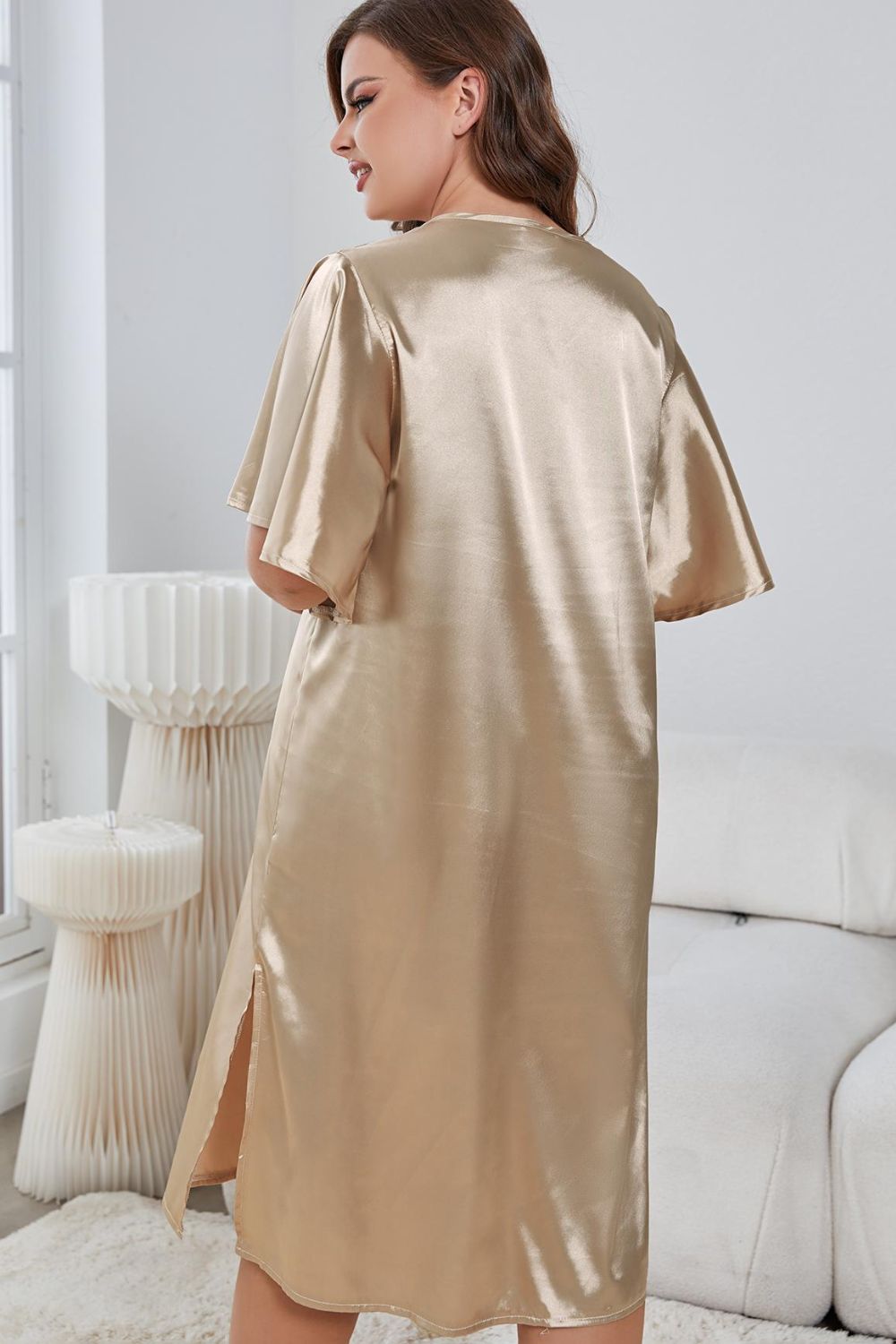 Night Gown - Plus Size Flutter Sleeve V-Neck Side Slit