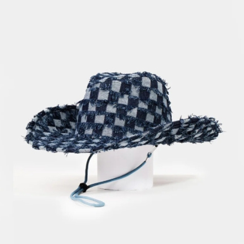 Cowboy Hat - Strap Fringe Denim Checker