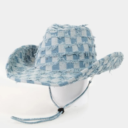 Cowboy Hat - Strap Fringe Denim Checker