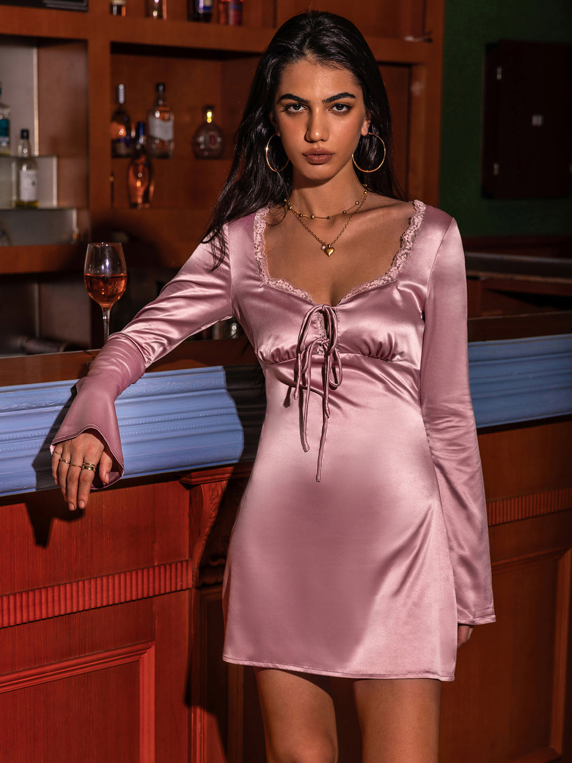 Night Dress - Tied Sweetheart Neck Long Sleeve