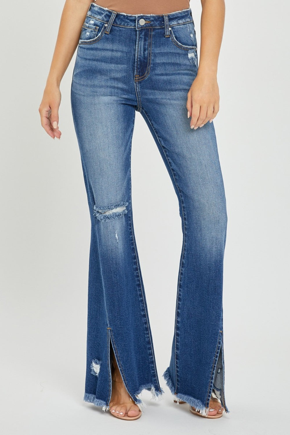 High Rise Front Slit Frayed Flare Hem Jeans