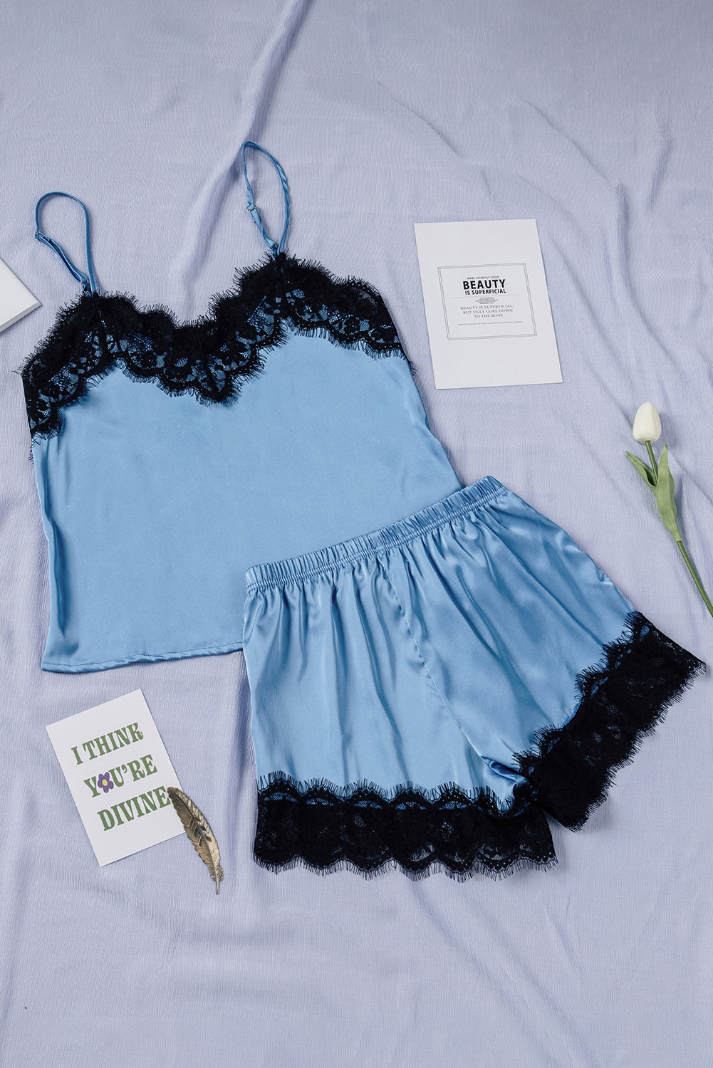 Lounge Set - Lace Spaghetti Strap Top & Shorts