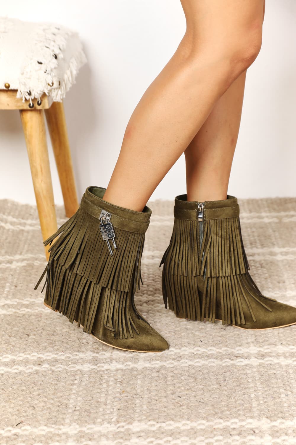 Ankle Booties - Leather Fringe Tassel Wedge Heel