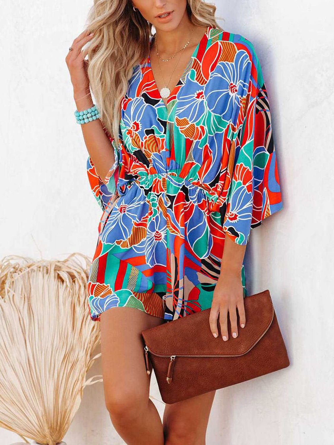 Romper - Tied Printed Kimono Sleeve