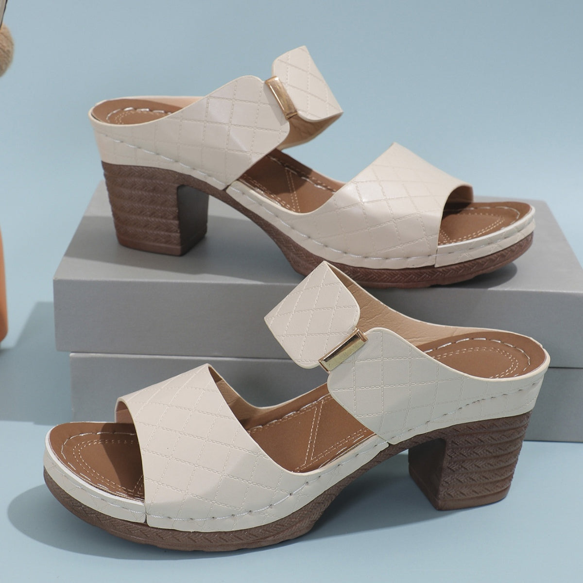 Sandal - Block Heel Open Toe Leather