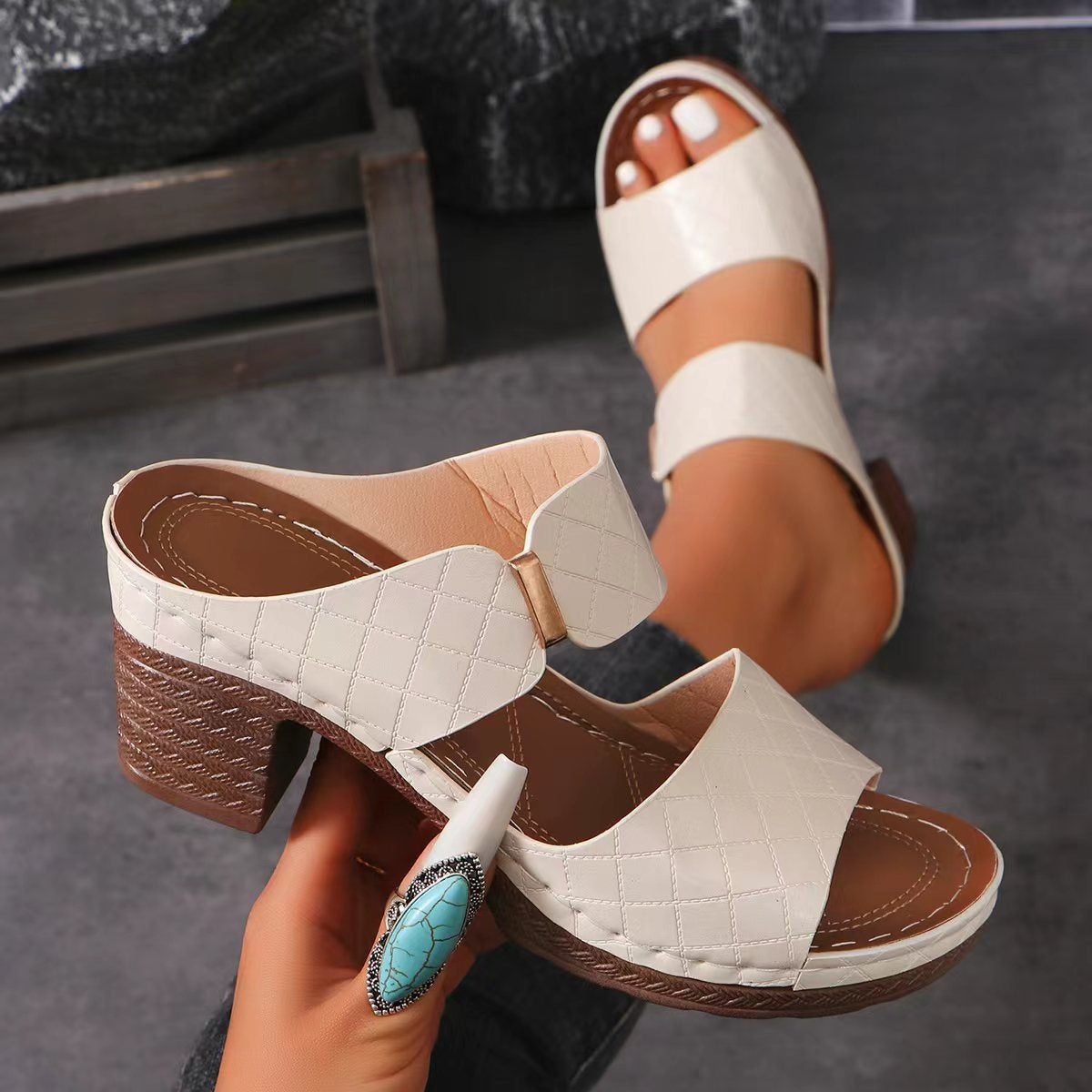 Sandal - Block Heel Open Toe Leather