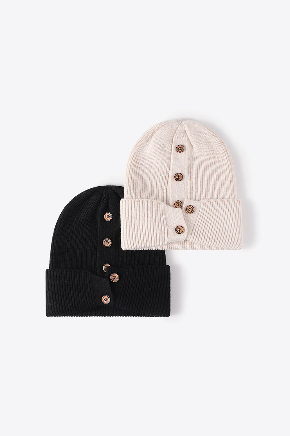 Beanie - Button Detail Rib-Knit Cuff