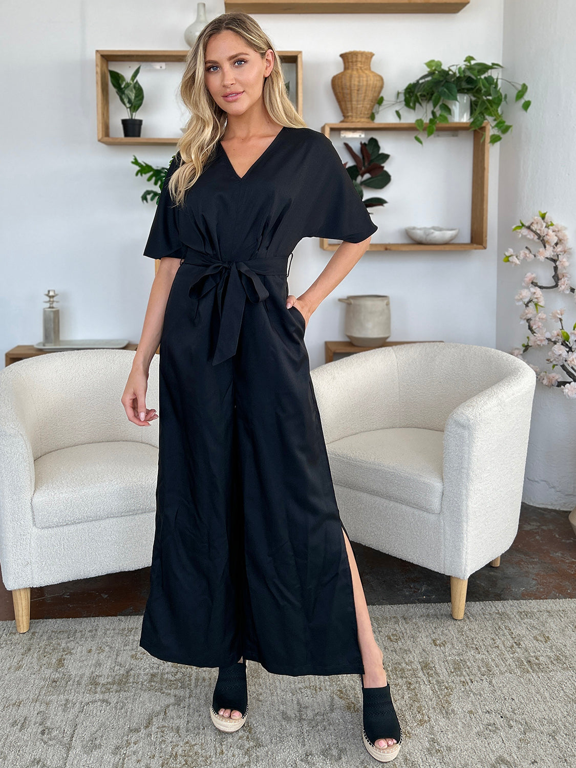 Full Size V-Neck Tied Side Slit Jumpsuit