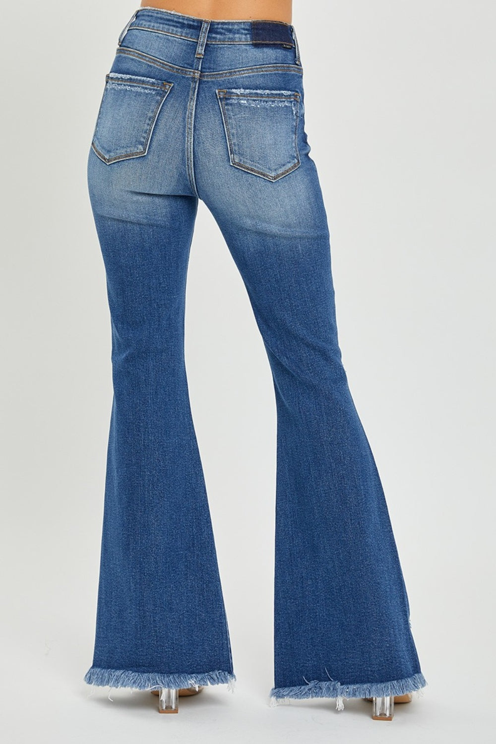 High Rise Front Slit Frayed Flare Hem Jeans