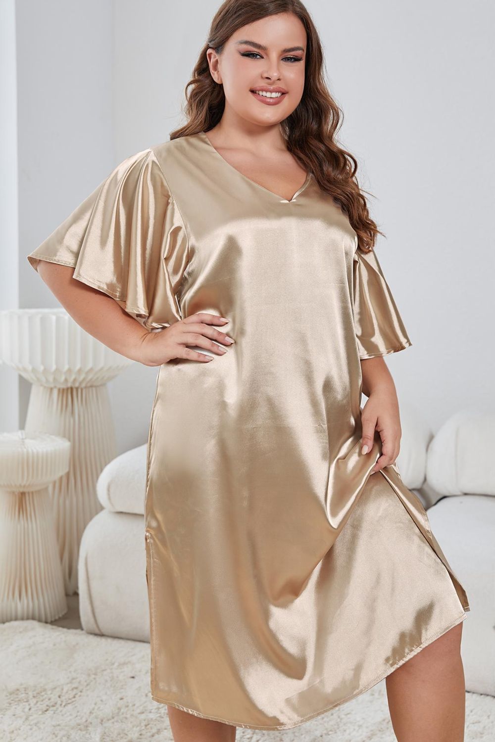 Night Gown - Plus Size Flutter Sleeve V-Neck Side Slit