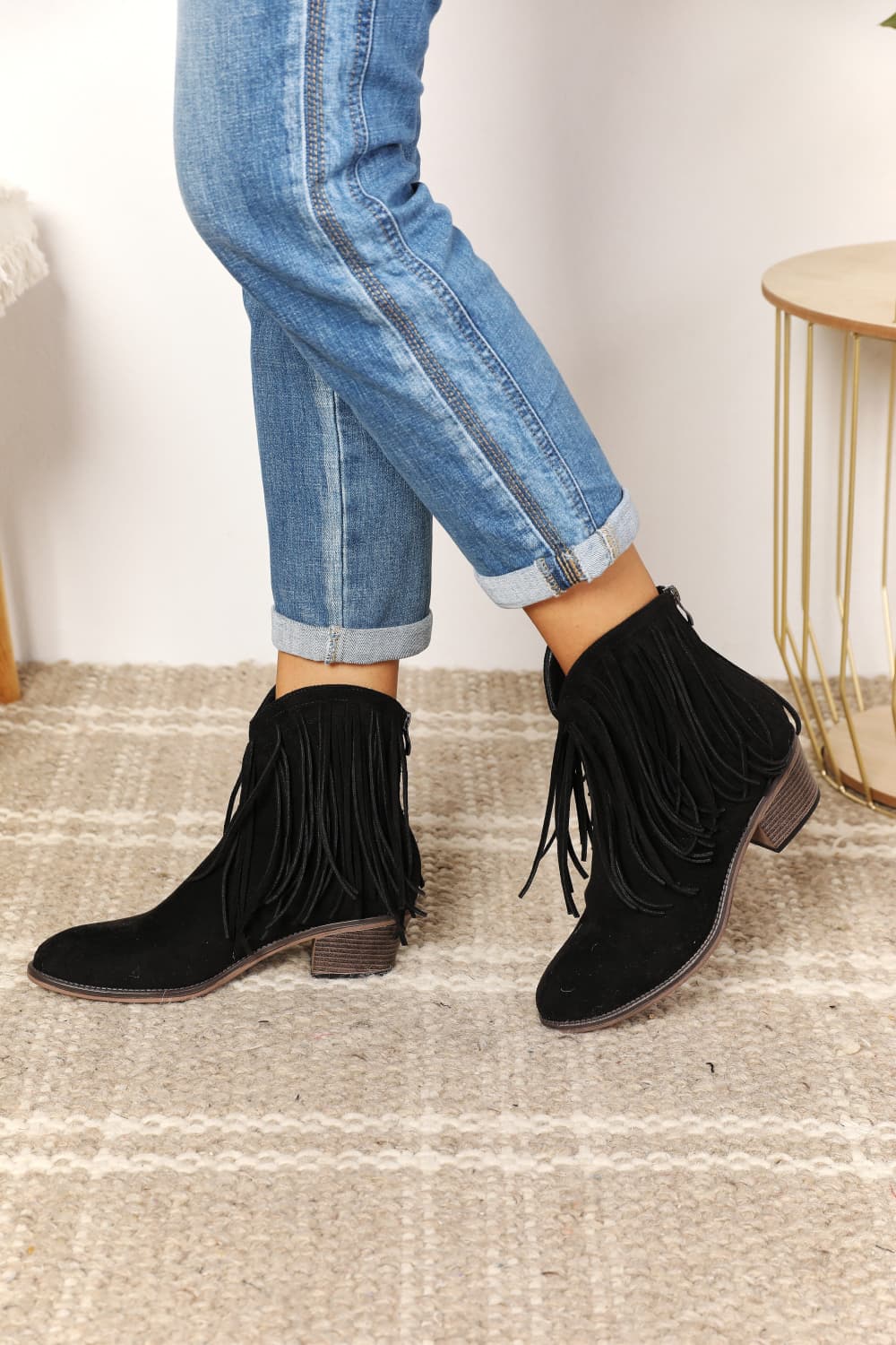 Ankle Booties - Leather Fringe Block Heel