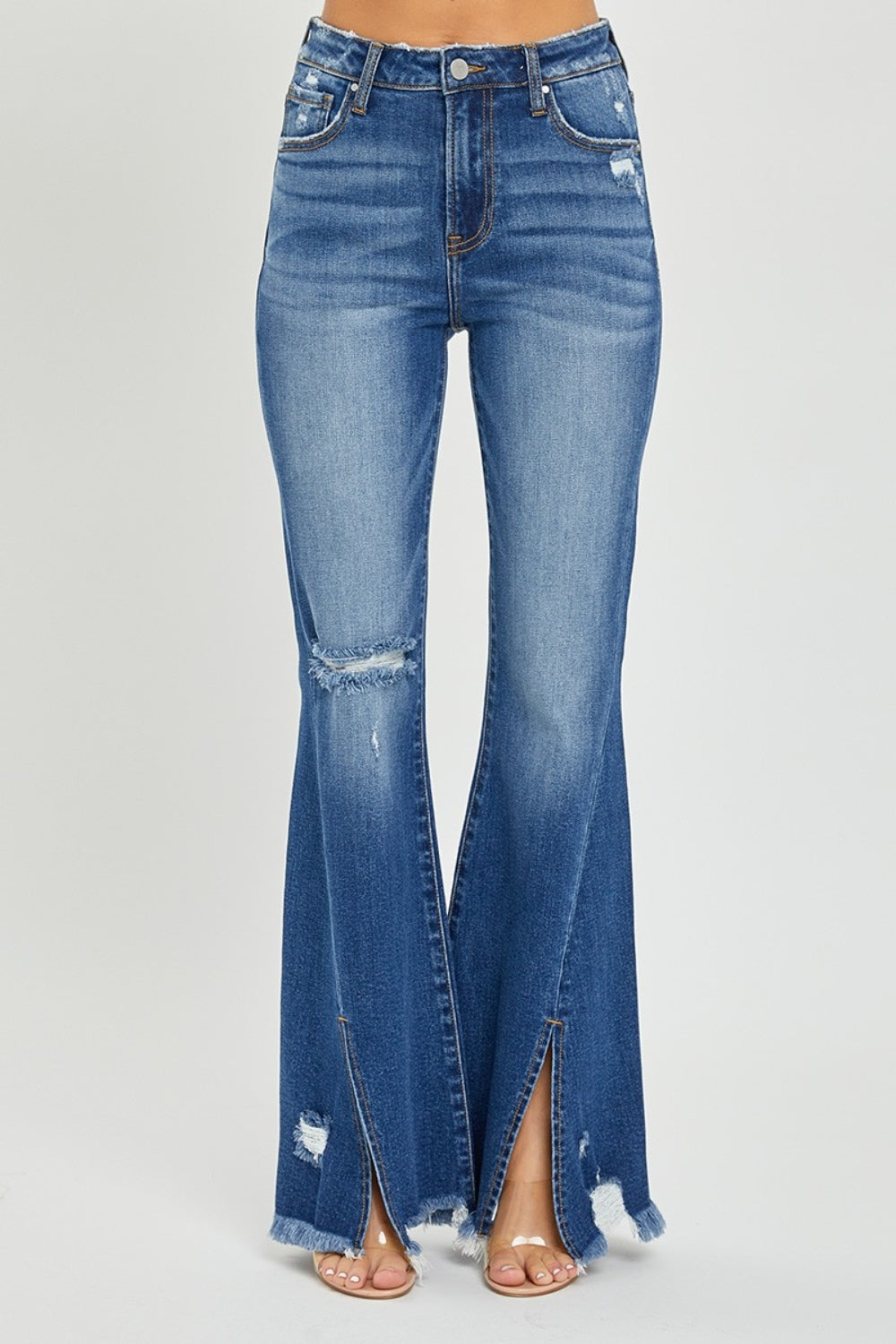 High Rise Front Slit Frayed Flare Hem Jeans