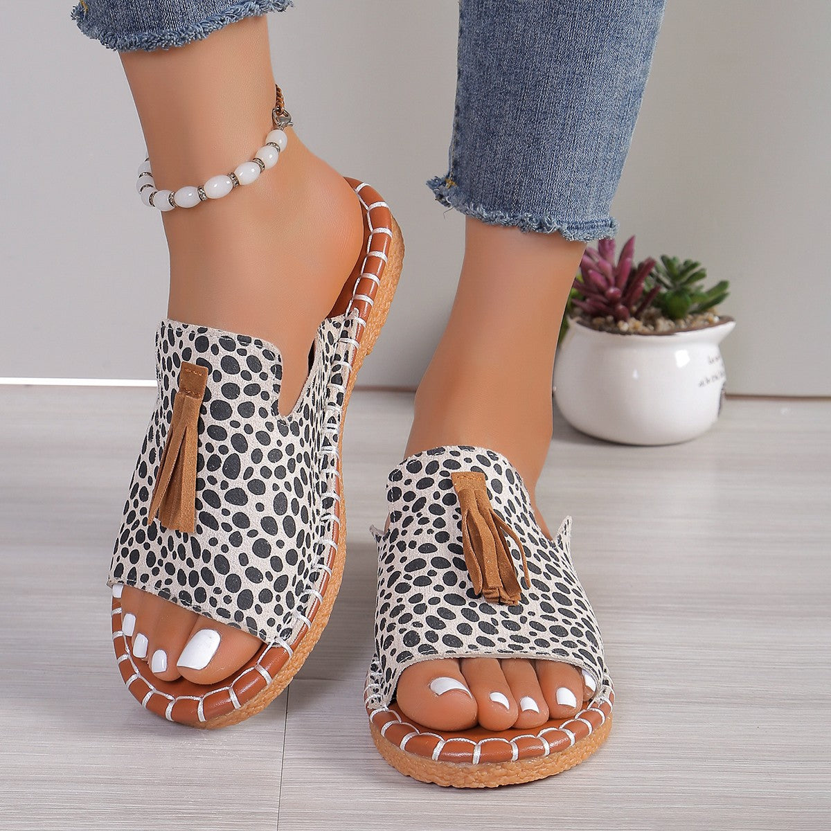 Sandals - Fringe Leopard Open Toe