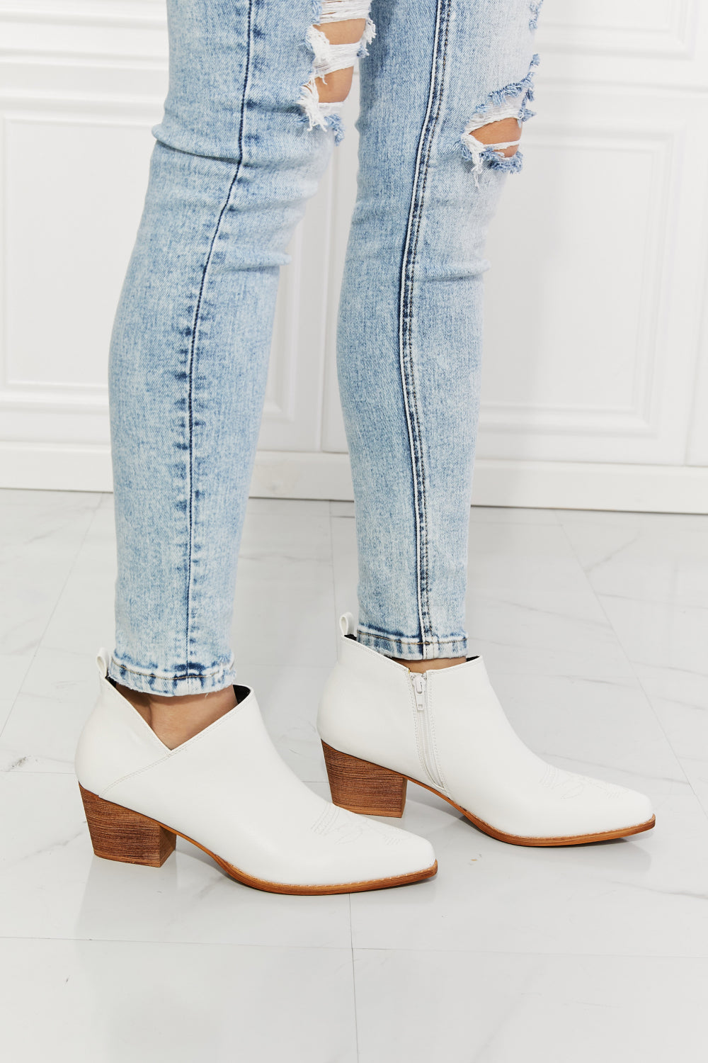 Cowboy Bootie - Embroidered Crossover in White