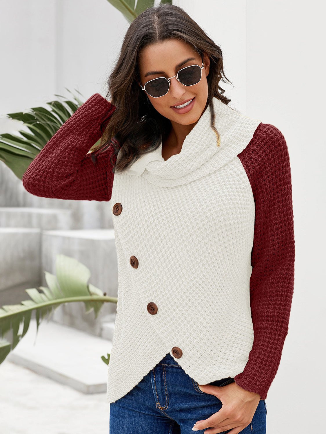 Asymmetrical Contrast Turtleneck Sweater