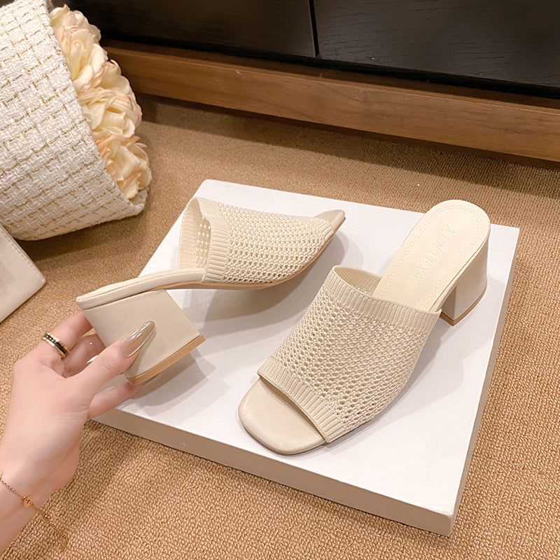 Sandal - Block Heel Knit Open Toe