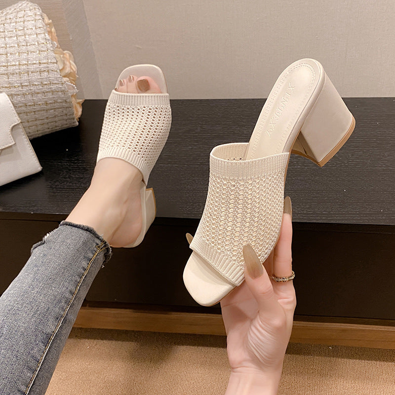 Sandal - Block Heel Knit Open Toe