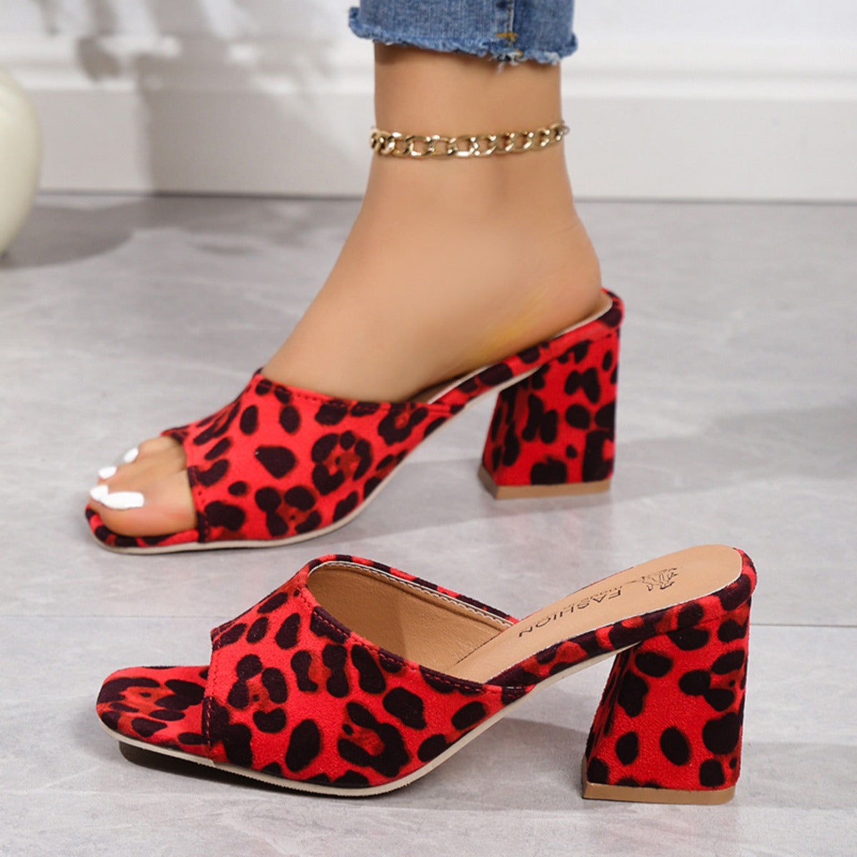 Sandal - Block Heel Suede Leopard Print