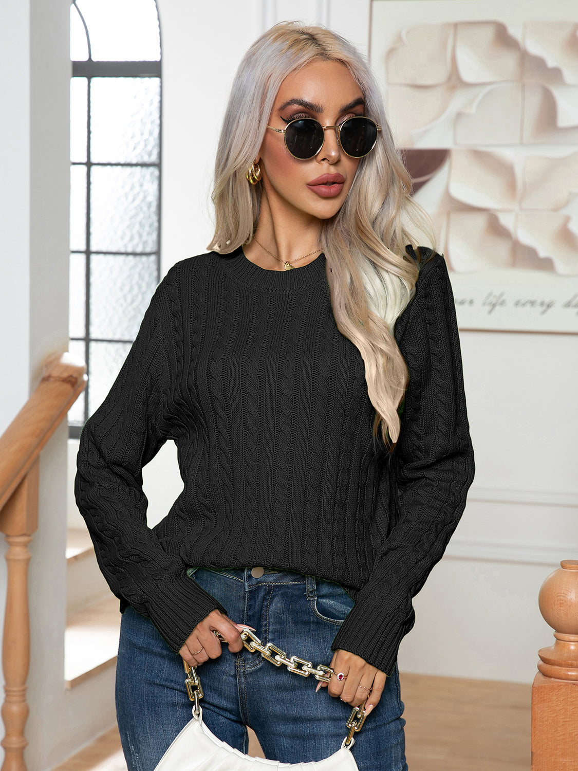 Cable-Knit Round Neck Long Sleeve Sweater