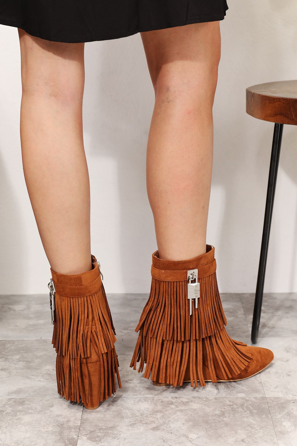 Ankle Booties - Leather Fringel Side Zipper