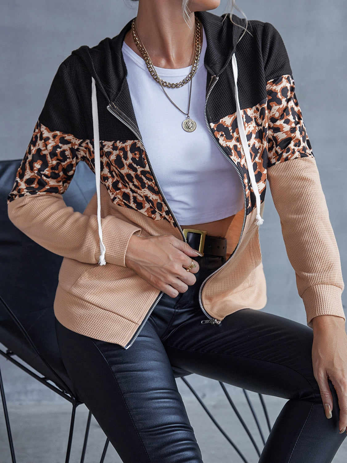 Leopard Zip Up Hooded Jacket