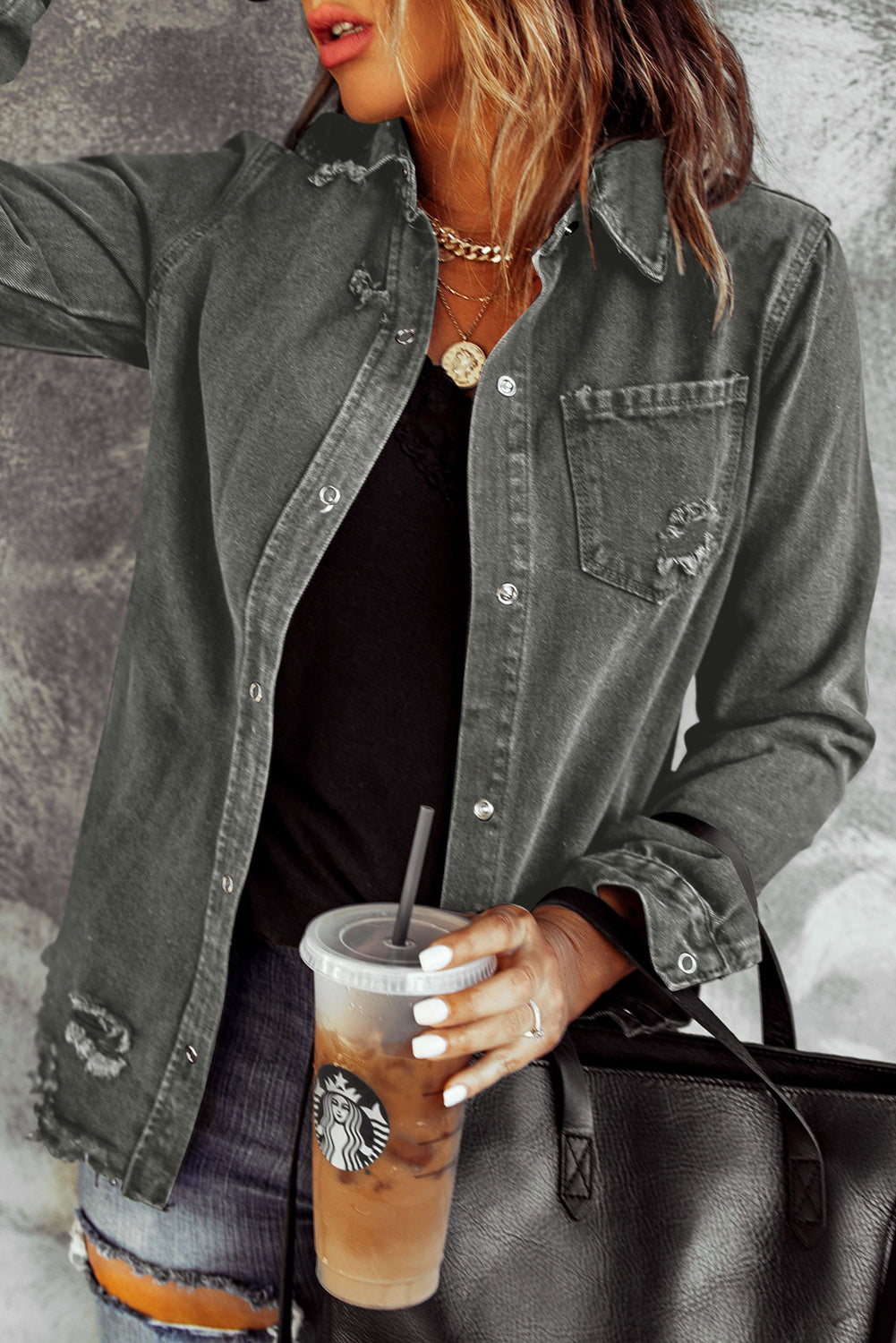 Distressed Snap Down Denim Jacket