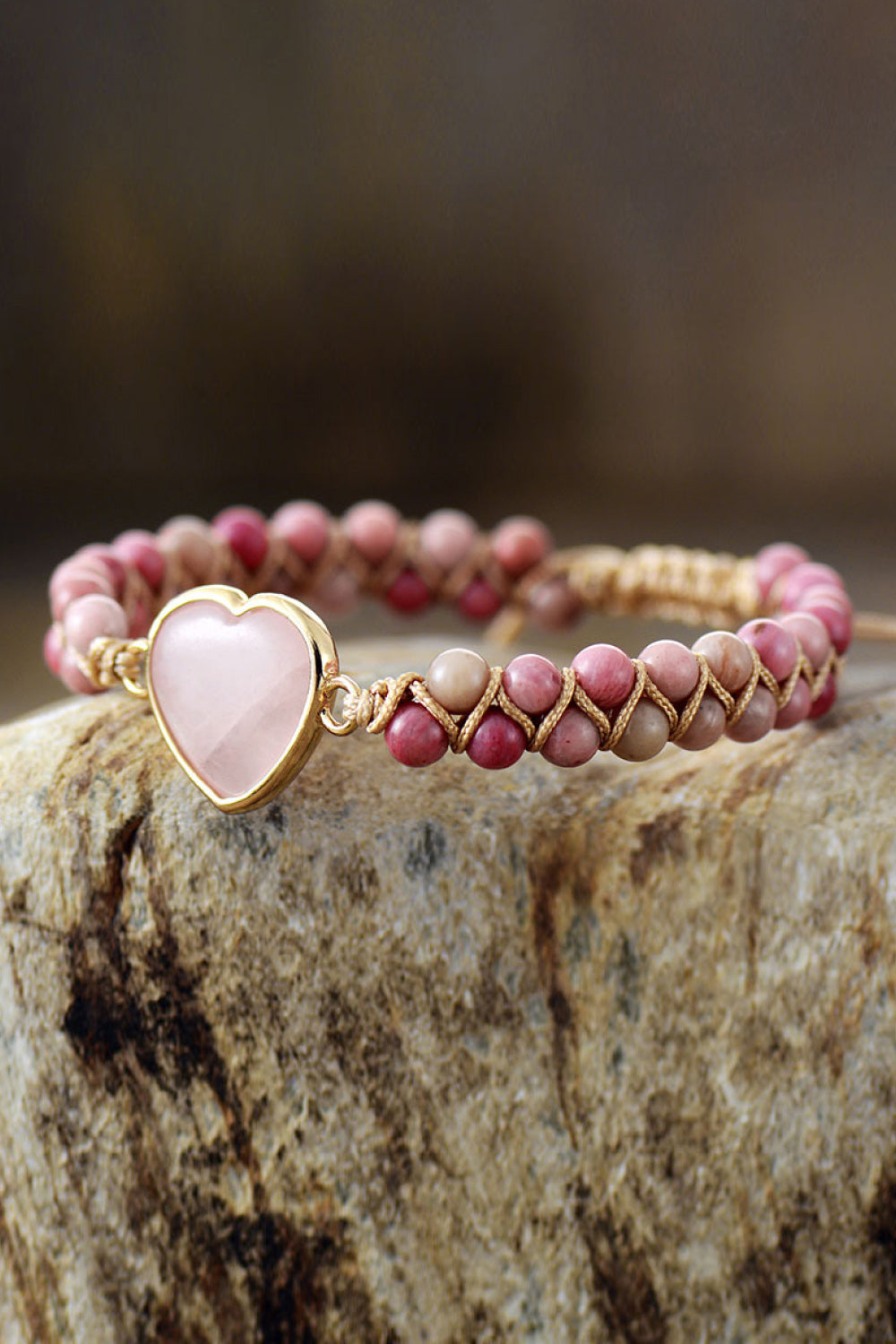 Bracelet - Beaded Rose Quartz Heart