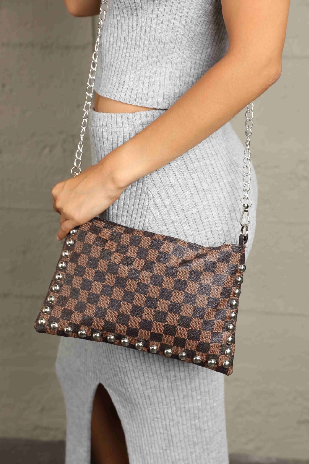 Studded Checkerboard Shoulder Bag