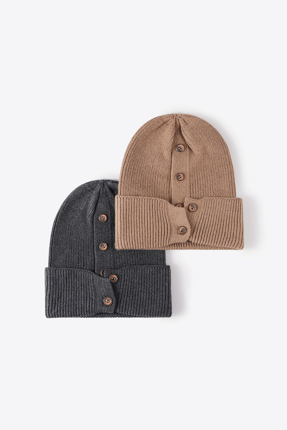 Beanie - Button Detail Rib-Knit Cuff