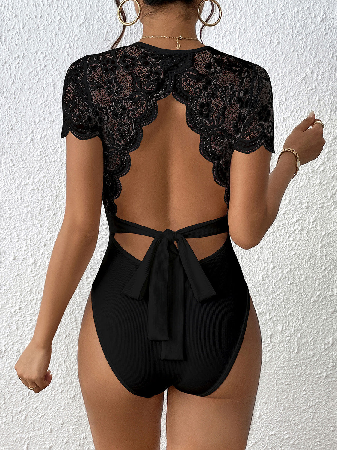 Bodysuit - Lace Backless Round Neck