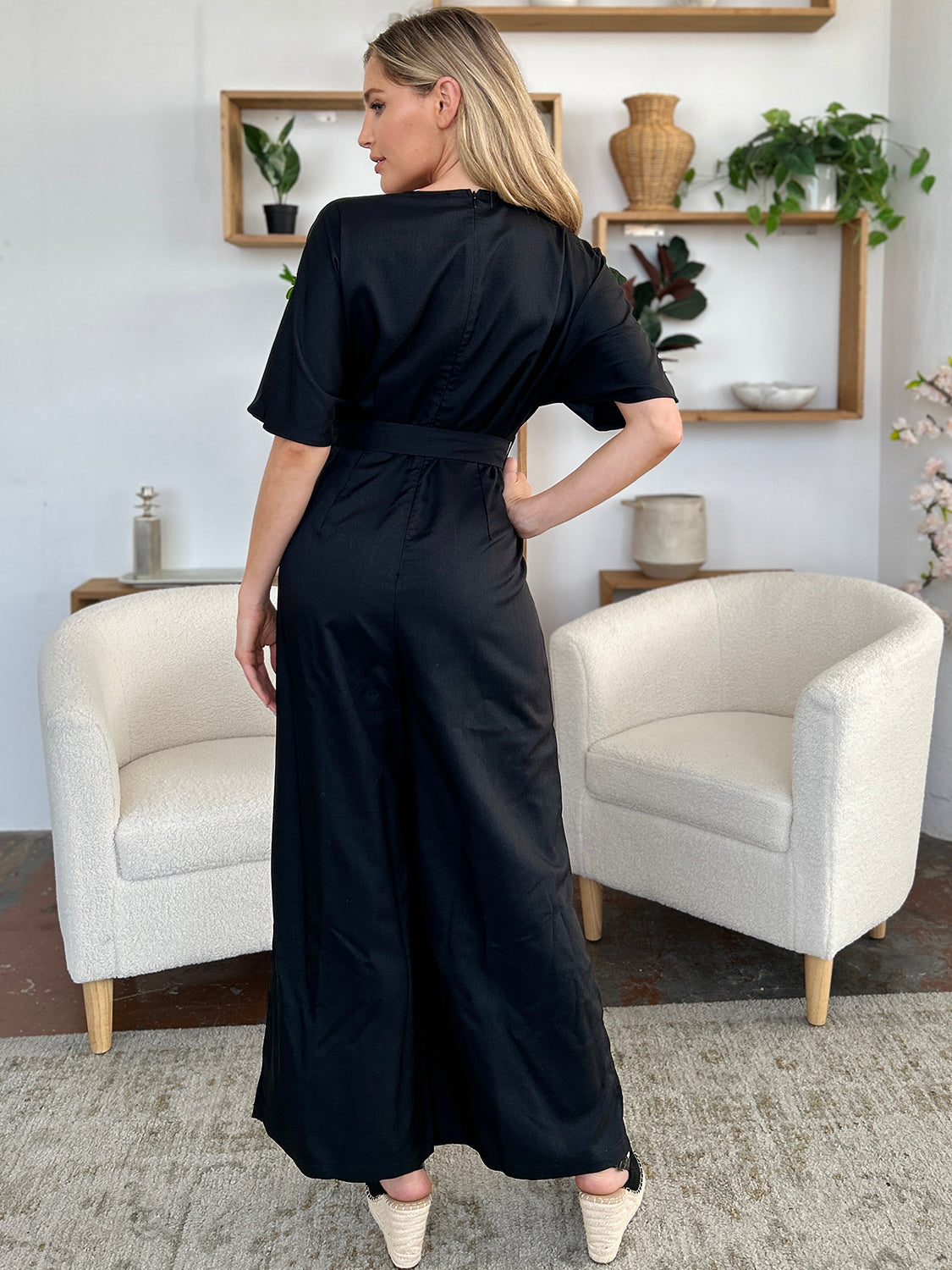 Full Size V-Neck Tied Side Slit Jumpsuit